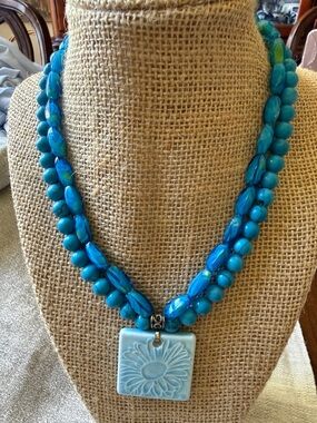 Turquoise & Glass Blue Floral ceramic Pendant Double-Strand Necklace